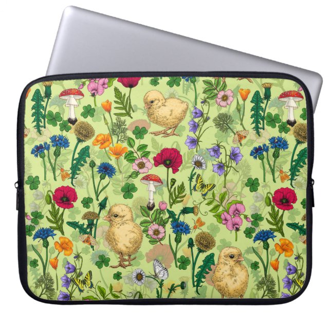 Chickens and wildflowers on honey dew green laptop sleeve (Front)