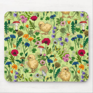 Chickens and wildflowers on honey dew green mouse mat