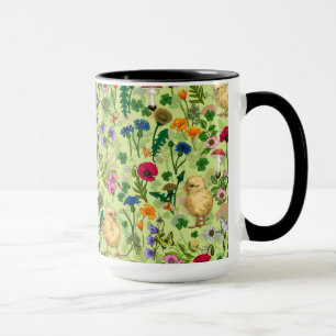 Chickens and wildflowers on honey dew green mug