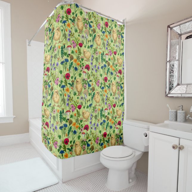 Chickens and wildflowers on honey dew green shower curtain (In Situ)