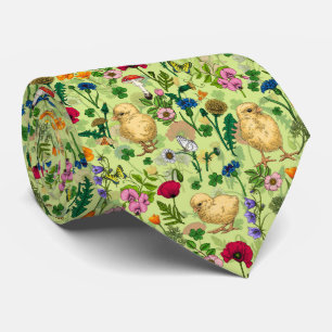 Chickens and wildflowers on honey dew green tie