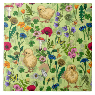 Chickens and wildflowers on honey dew green tile