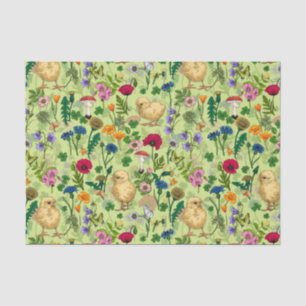 Chickens and wildflowers on honey dew green tissue paper