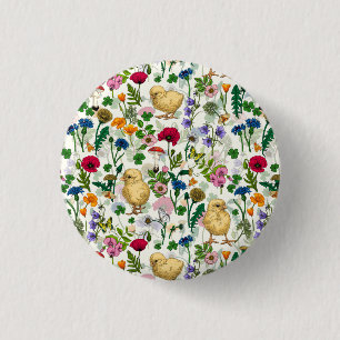 Chickens and wildflowers on off white 3 cm round badge