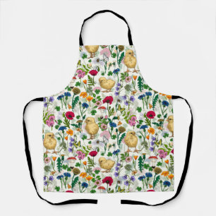 Chickens and wildflowers on off white apron