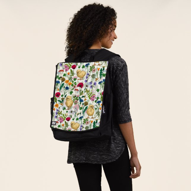 Chickens and wildflowers on off white backpack (Worn)