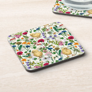 Chickens and wildflowers on off white coaster