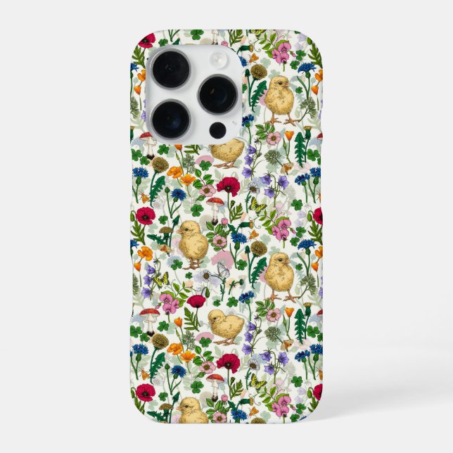 Chickens and wildflowers on off white iPhone case (Back)