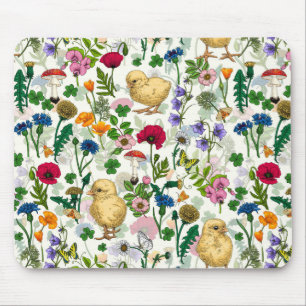 Chickens and wildflowers on off white mouse mat