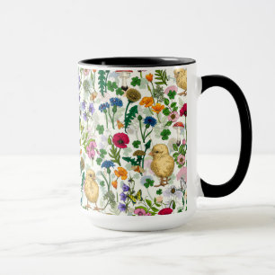 Chickens and wildflowers on off white mug