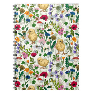 Chickens and wildflowers on off white notebook