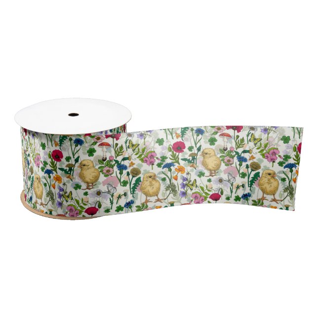 Chickens and wildflowers on off white satin ribbon (Spool)