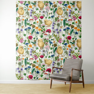 Chickens and wildflowers on off white tapestry