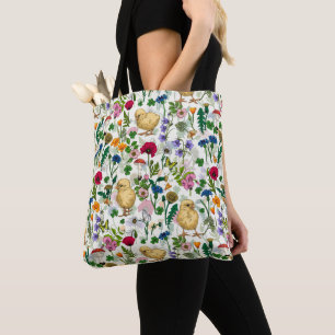 Chickens and wildflowers on off white tote bag
