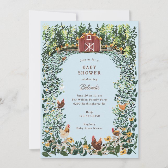 Chickens at the Barn Charming Farm Baby Shower Invitation (Front)