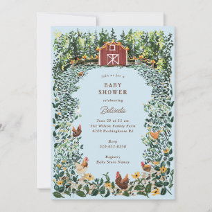 Chickens at the Barn Charming Farm Baby Shower Invitation