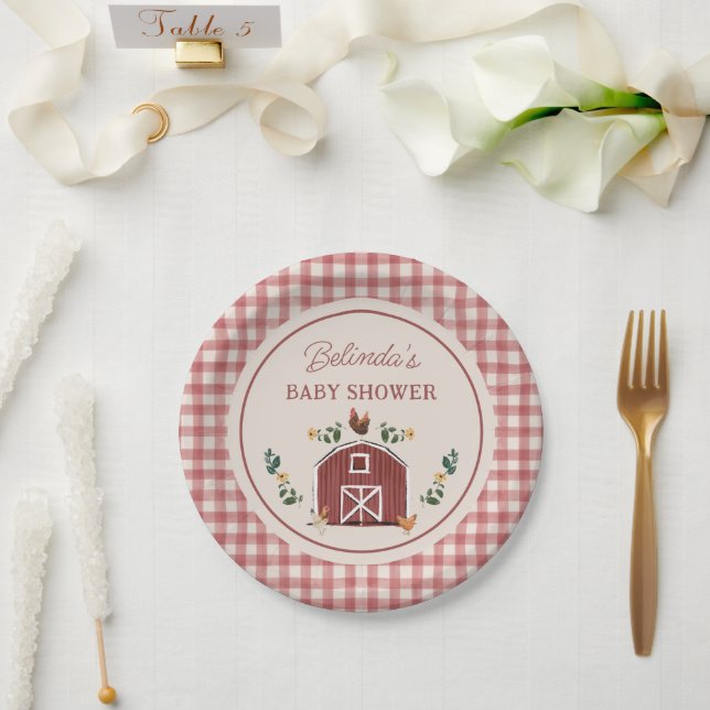 Chickens Barn Charming Farm Shower Gingham Paper Plate (Wedding)