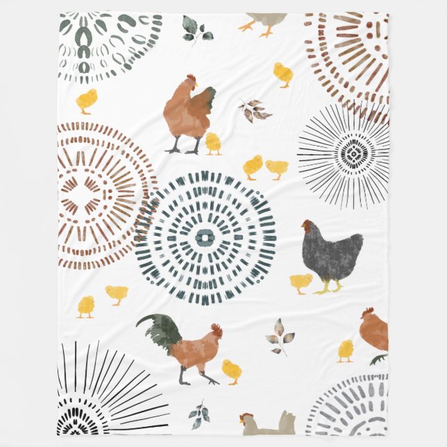 Chickens & Chicks Boho Pattern Fleece Blanket (Front)