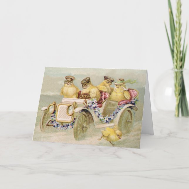 Chickens Driving Car - Vintage Easter Card (Front)