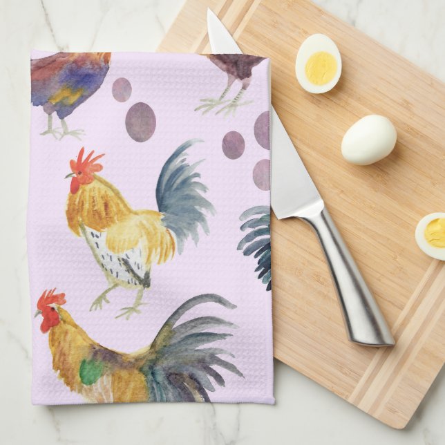 Chickens & Eggs Barnyard Farm Country Watercolor Tea Towel (Quarter Fold)