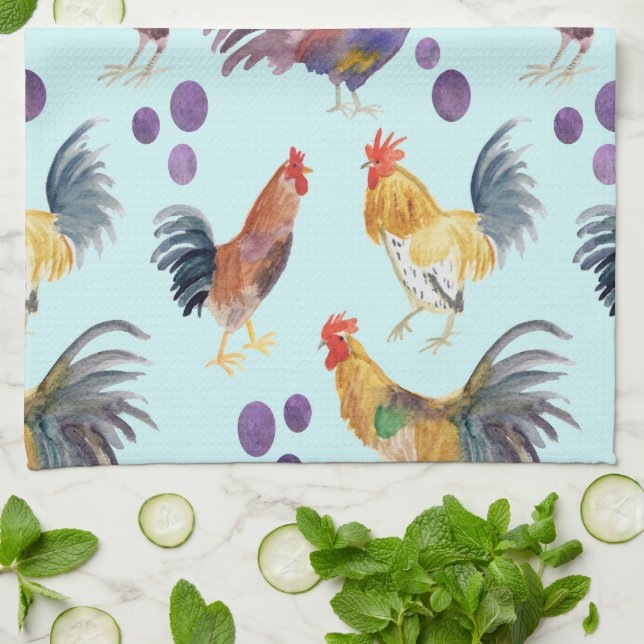 Chickens & Eggs Barnyard Farm Country Watercolor  Tea Towel (Folded)