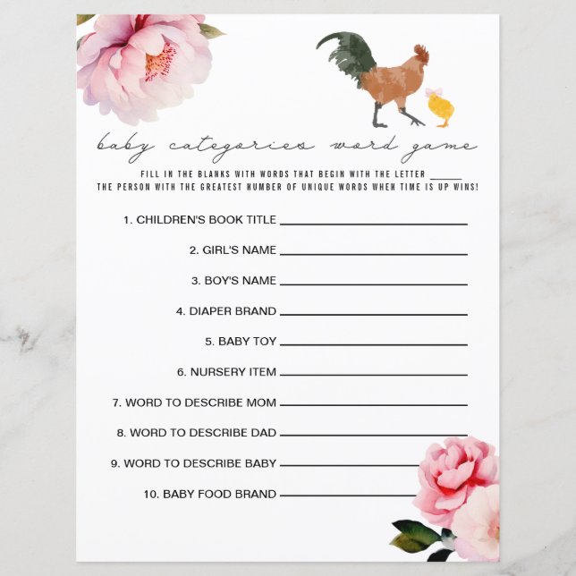 Chickens Floral Baby Shower Categories Word Game (Front)