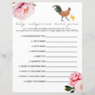 Chickens Floral Baby Shower Categories Word Game
