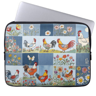 Chickens Floral Retro Denim Patchwork Squares Laptop Sleeve
