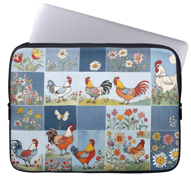 Chickens Floral Retro Denim Patchwork Squares Laptop Sleeve (Front)