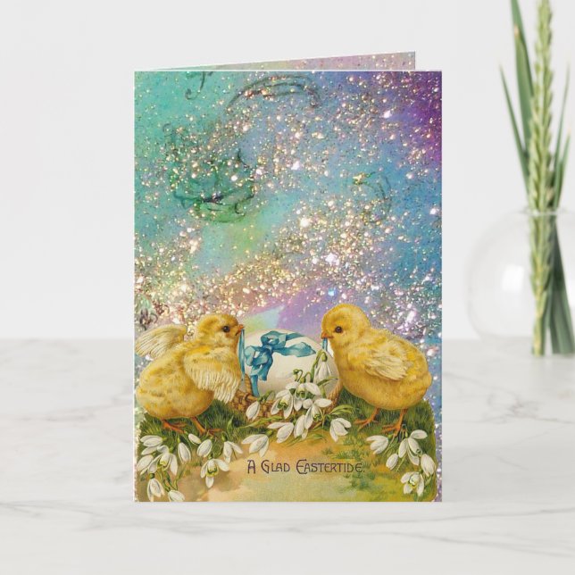 CHICKENS,FLOWERS ,EASTER EGG IN GOLD BLUE SPARKLES HOLIDAY CARD (Front)
