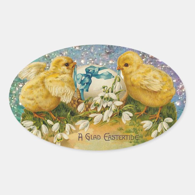CHICKENS,FLOWERS ,EASTER EGG IN GOLD BLUE SPARKLES OVAL STICKER (Front)