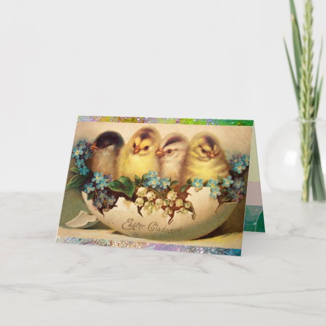 CHICKENS,FLOWERS EASTER EGG IN GOLD PURPLE SPARKLE HOLIDAY CARD (Front)