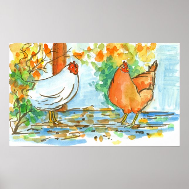 Chickens Hens Friends Farm Animal Watecolor Poster (Front)