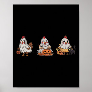 Chickens In Ghost Costume Pumpkin Black Cat Hallow Poster