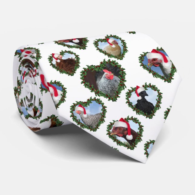 Chickens in Heart Wreath Christmas Tie (Rolled)