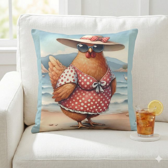 Chickens in Swimsuits at the Seaside Cushion (Chickens in Swimsuits at the Seaside Throw Pillow Mockup A)