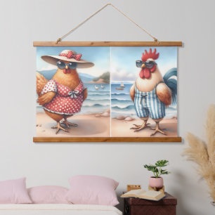 Chickens in Swimsuits at the Seaside Hanging Tapestry