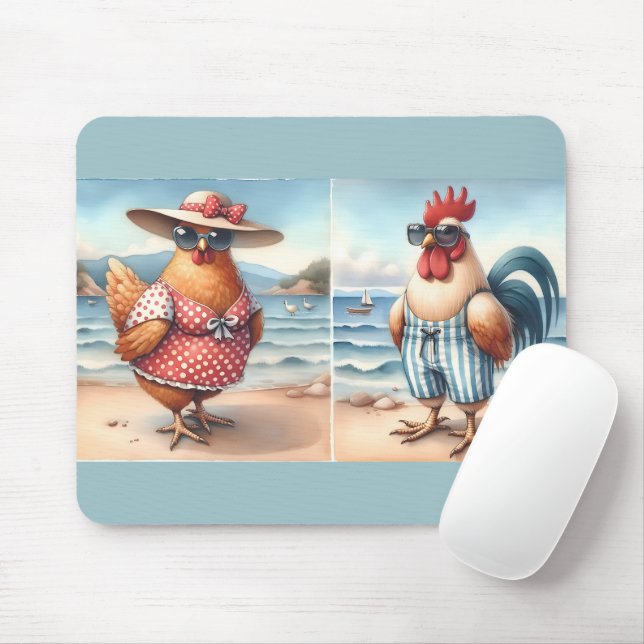 Chickens in Swimsuits at the Seaside Mouse Mat (With Mouse)