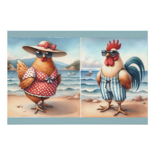 Chickens in Swimsuits at the Seaside Poster