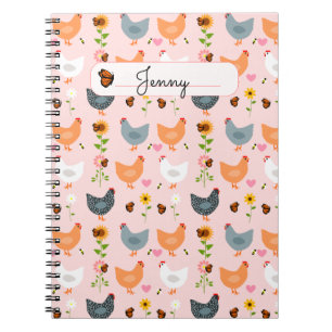 Chickens in the Flowers Pink Personalised Notebook