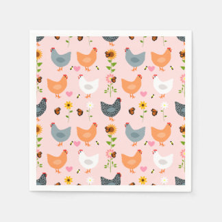 Chickens in the Garden with Flowers and Bugs Napkin