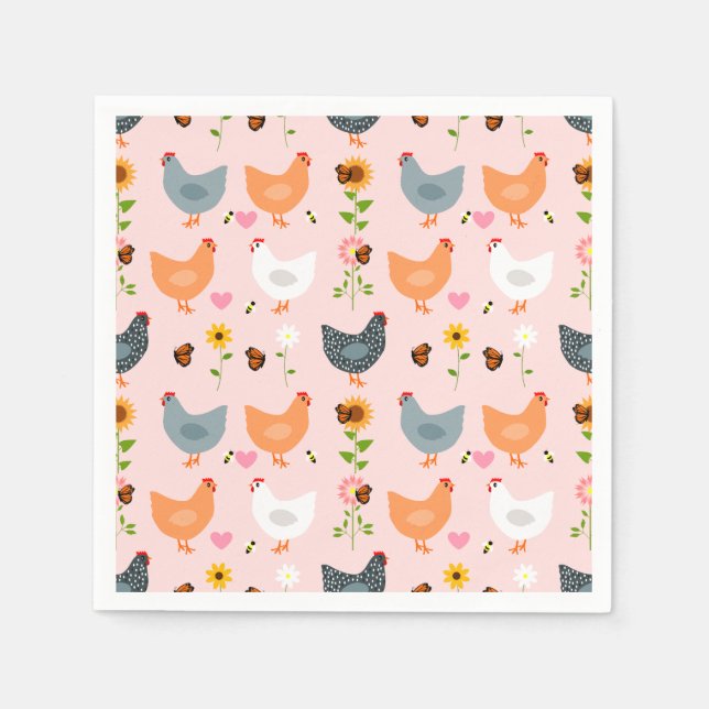 Chickens in the Garden with Flowers and Bugs Napkin (Front)