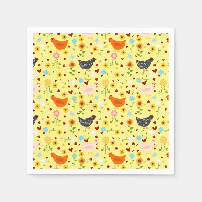 Chickens in the Garden with Flowers and Bugs Napkin (Front)