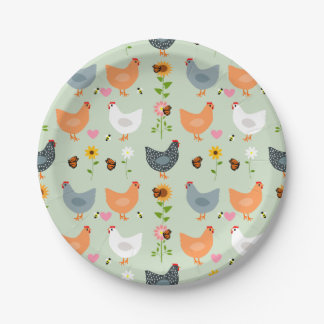 Chickens in the Garden with Flowers, Green Paper Plate