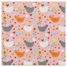 Chickens in the Garden with Flowers Pink