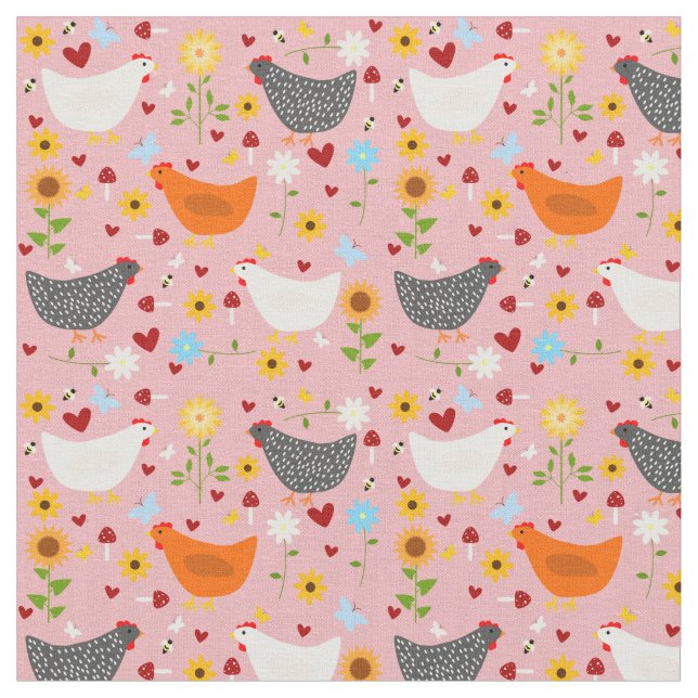 Chickens in the Garden with Flowers Pink Fabric (Close Up)