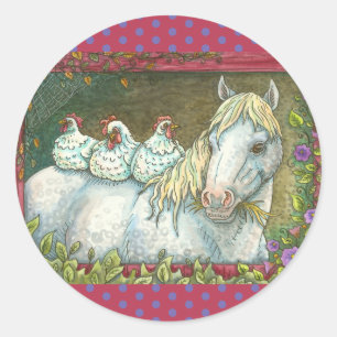 CHICKENS IN THE STABLE, HORSE STICKERS Rnd. Sheet