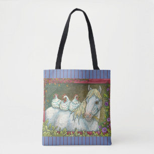CHICKENS IN THE STABLE, HORSE TOTE BAG Blue