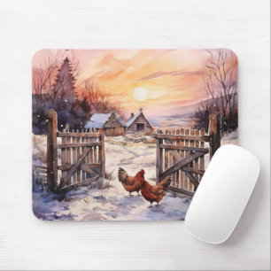 Chickens In the Winter Farmyard Mouse Mat