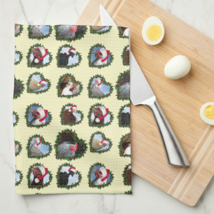 Chickens in Wreath Heart Christmas Tea Towel